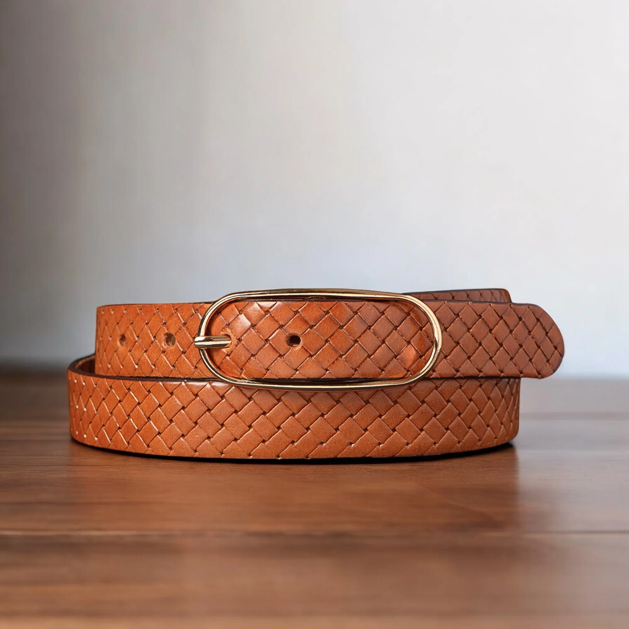 Aika - Tan Braided Embossed Leather Belt with Oval Buckle - Made in Canada - Image 3
