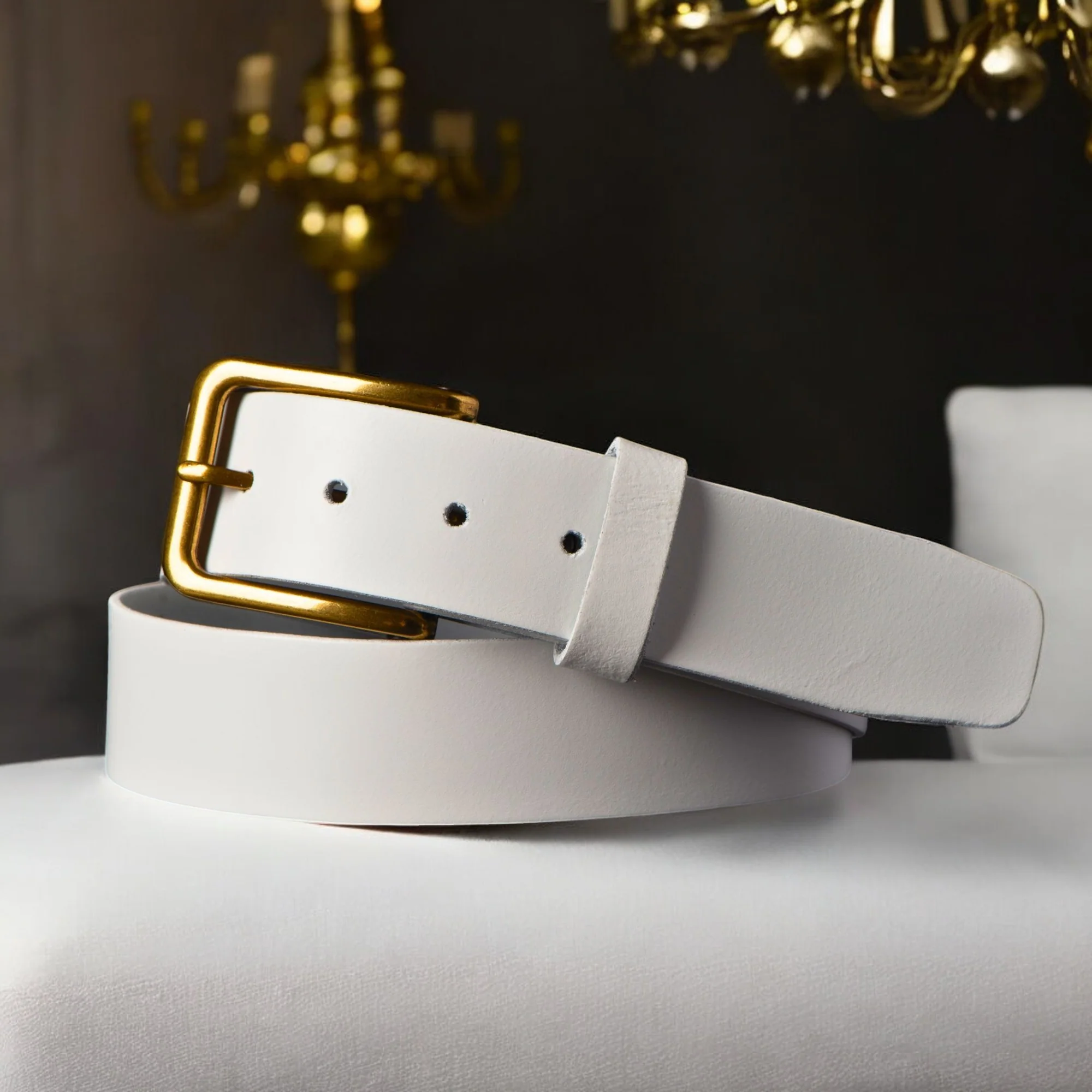 Bianca - White Leather Dress Belt with Gold Buckle - Made in Canada - Image 2