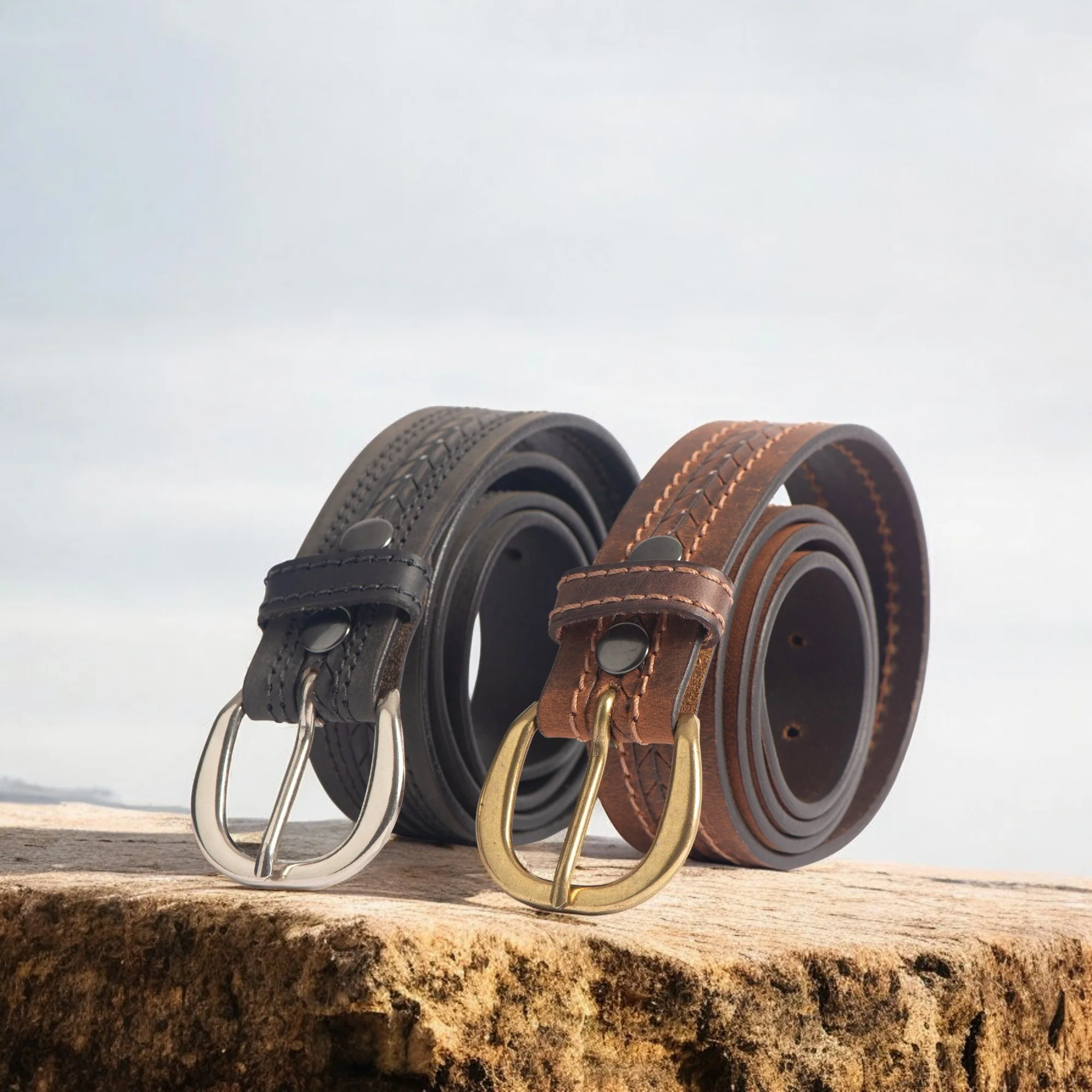 Terra - Brown Embossed Leather Belt with Gold Buckle - Made in Canada - Image 7