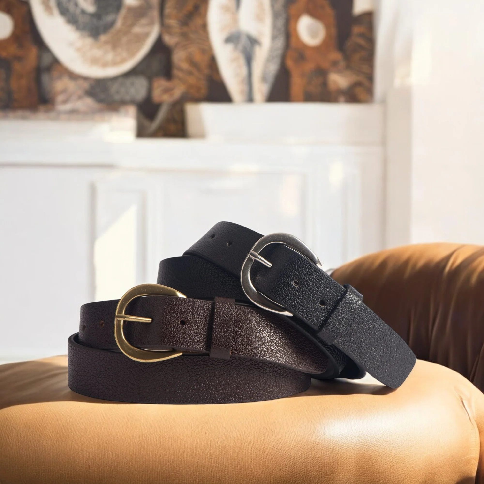 Luna - Black Bison Leather Dress Belt with Silver Crescent Buckle - Made in Canada - Image 3