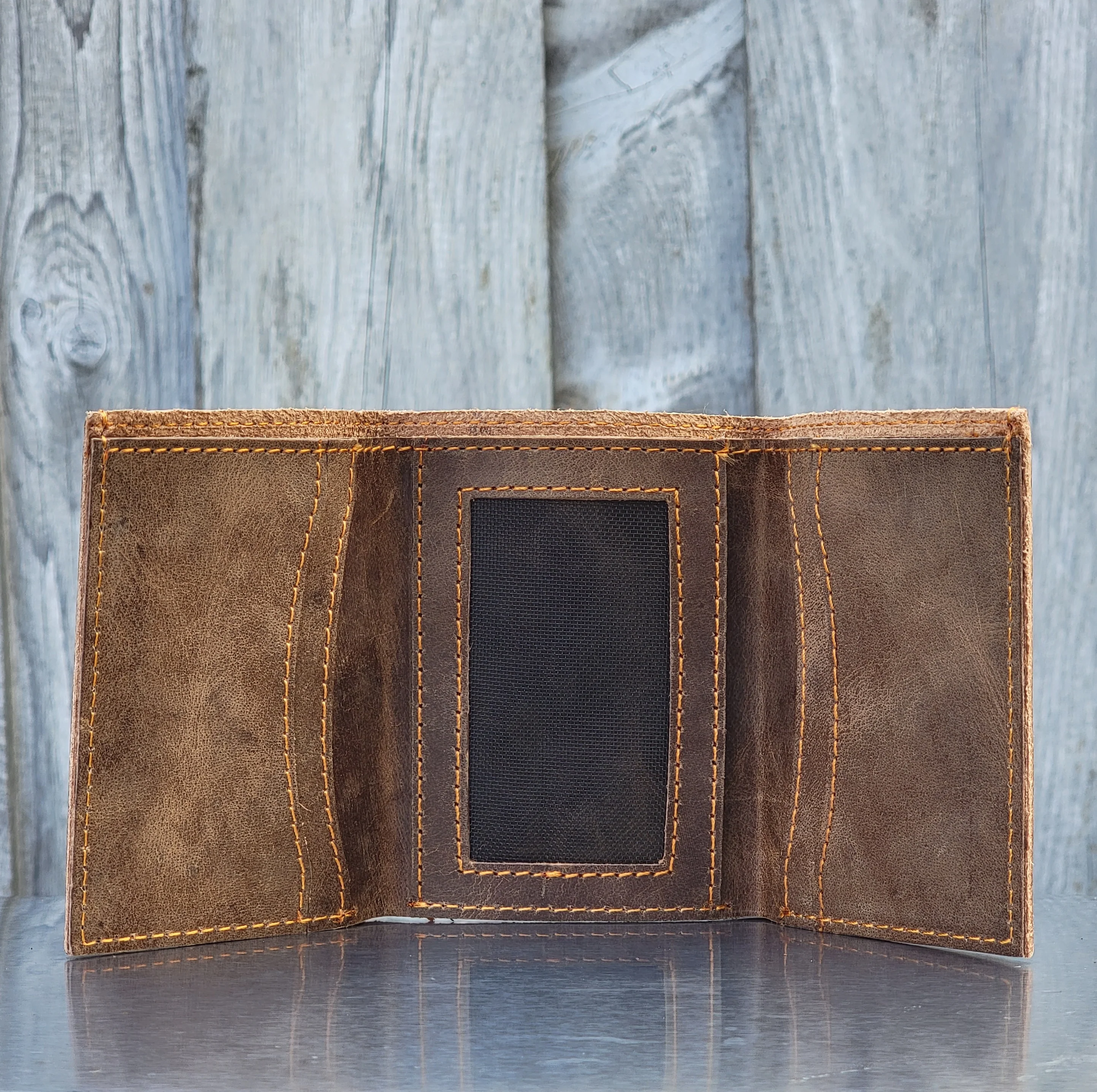 Meraki - Engraved Cognac Full Grain Leather Trifold Wallet - Image 5