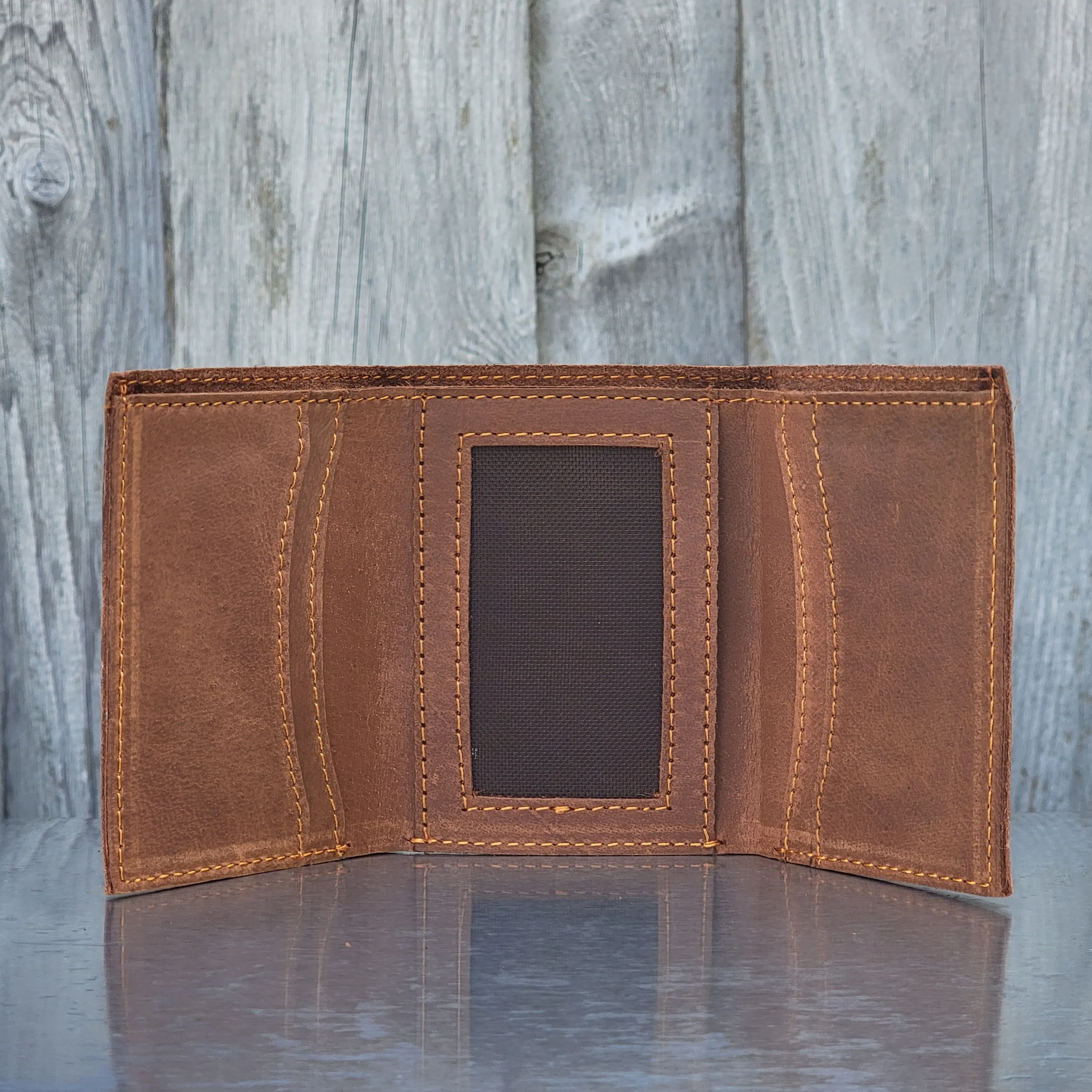 Meraki - Engraved Cognac Full Grain Leather Trifold Wallet - Image 7