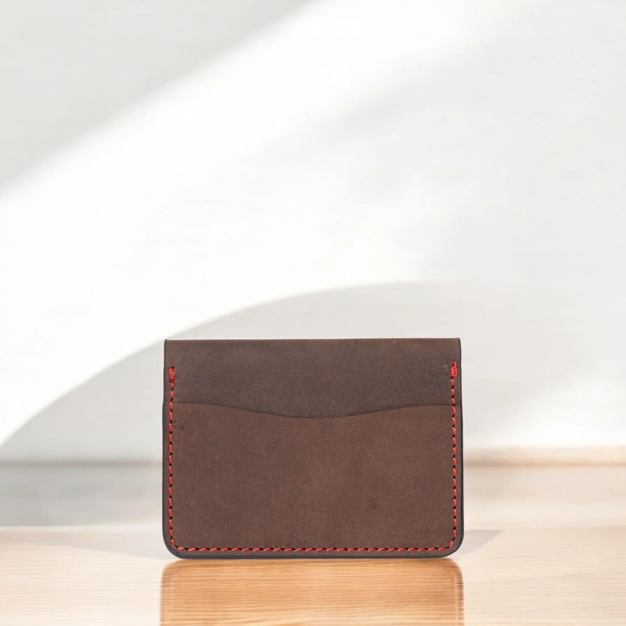 Card Holder - Brown Full Grain Leather Card Holder With Red Hand Stitching - Image 4