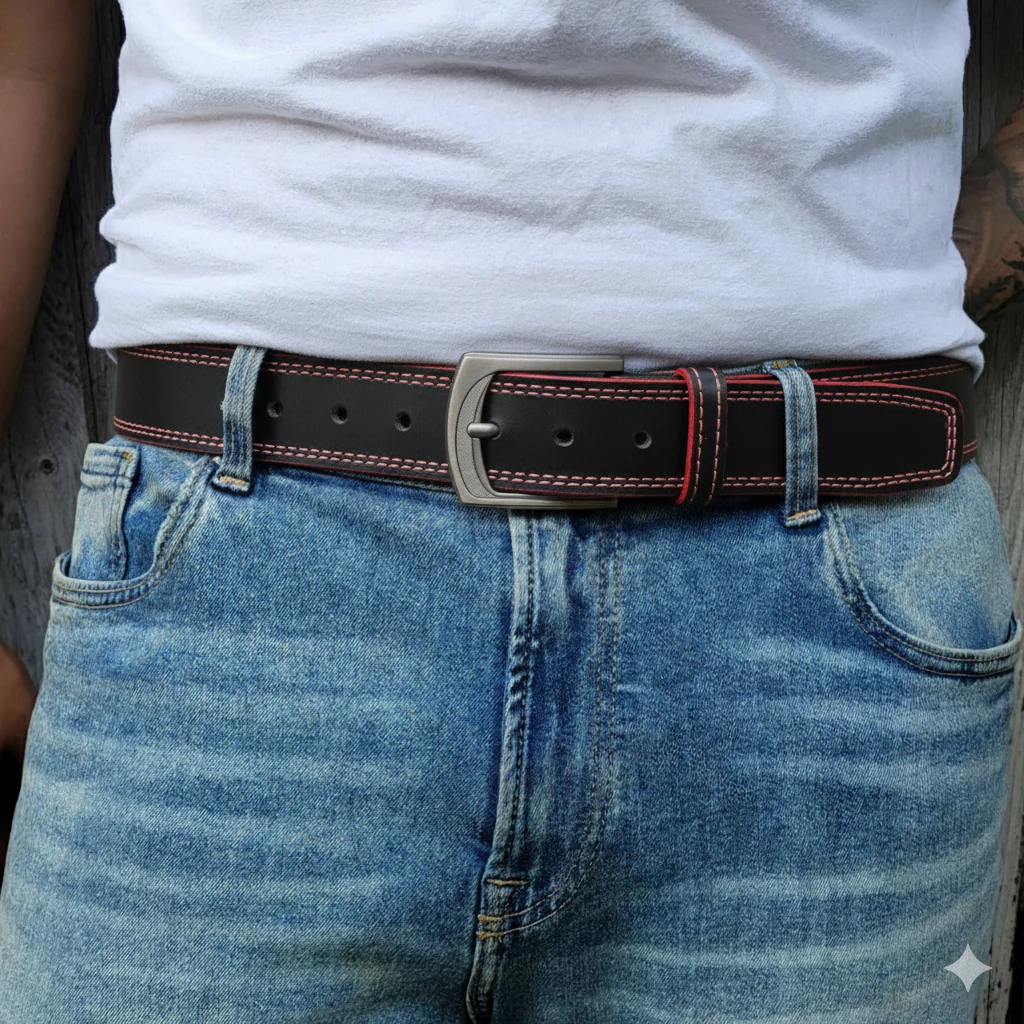 The Diablo Belt - Black Full Grain Leather Belt with Red Stitches - Image 5