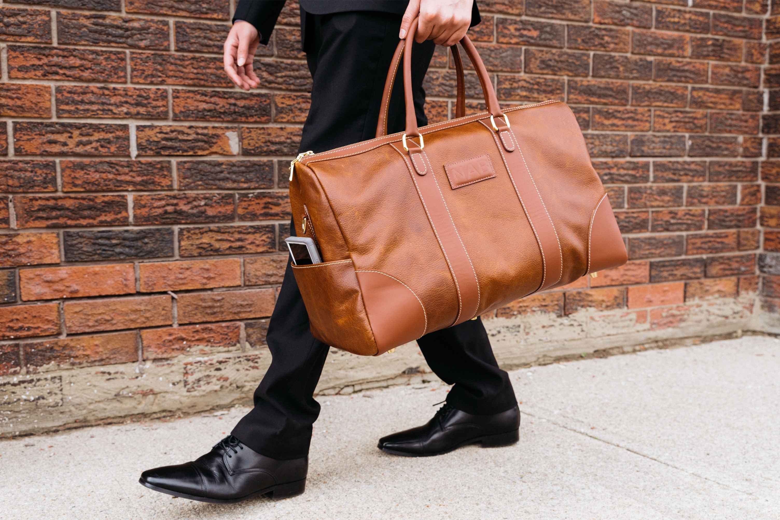The Shield Duffle- Cognac Full-Grain Leather Duffle Bag Made in Canada - Image 10