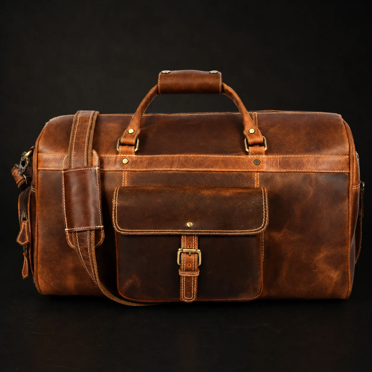 The Voyager Duffle - Cognac Full-Grain Distressed Leather Duffle Bag - Image 13